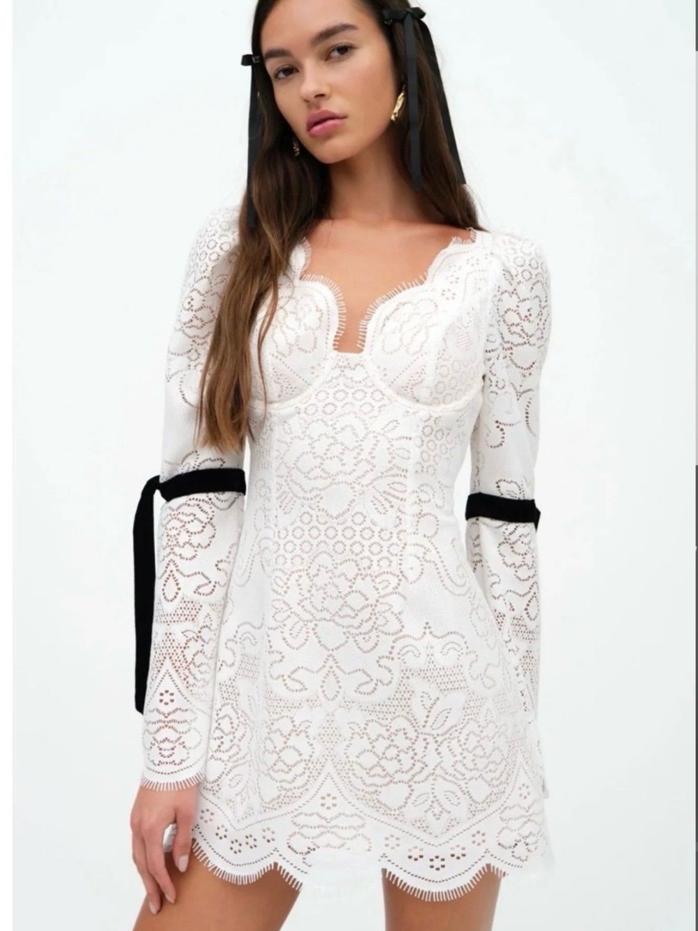 For Love & Lemons Araceli White Lace Mini Dress Black Bows NWT Size M